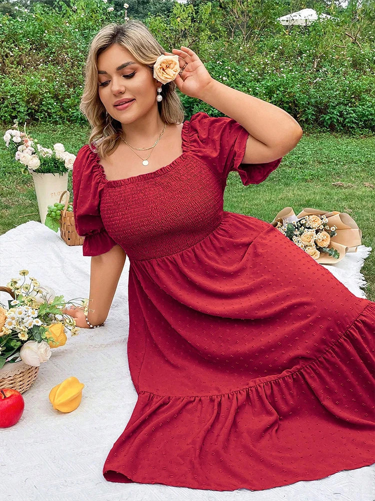 Robe Femme Grande Taille Col Carré Manches Bouffantes Nœud Dos – CLEVI Paris