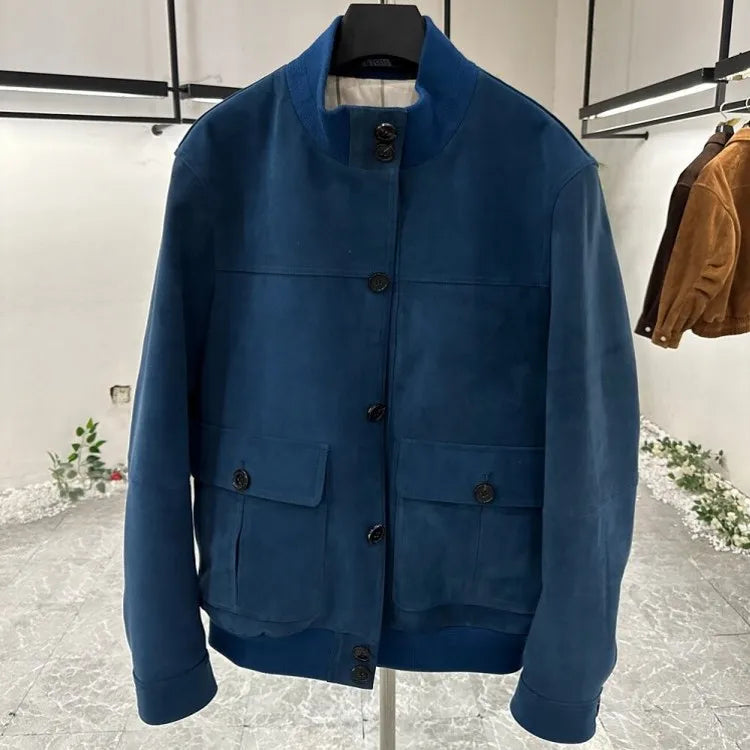 Veste homme bleue aspect daim à col montant – CLEVI Paris