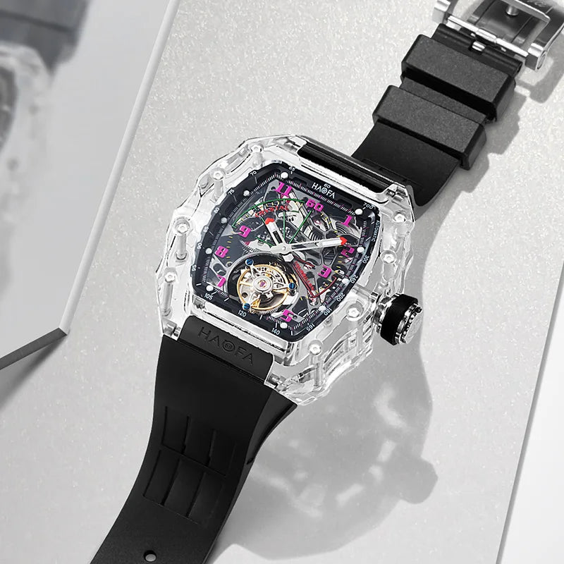 Montre Homme Tourbillon Volant HAOFA 2210 – Boîtier Cristal Transparent Double Ressort Réserve 72h Édition Limitée – CLEVI Paris