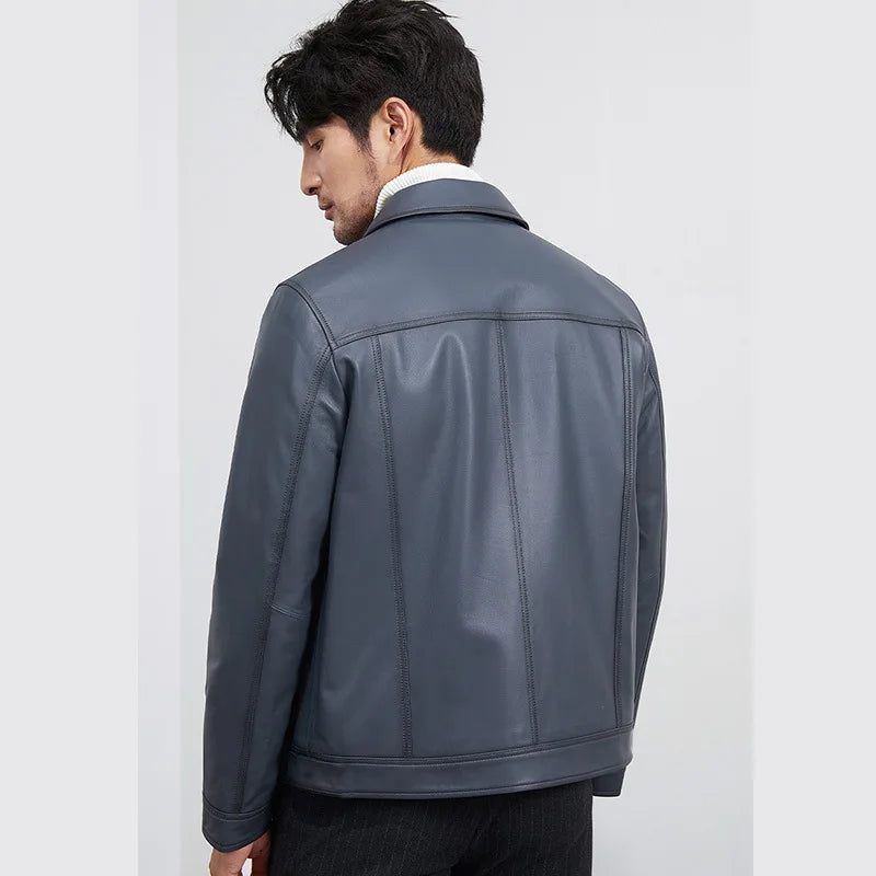 Blouson homme en cuir bleu à poches à rabat – CLEVI Paris