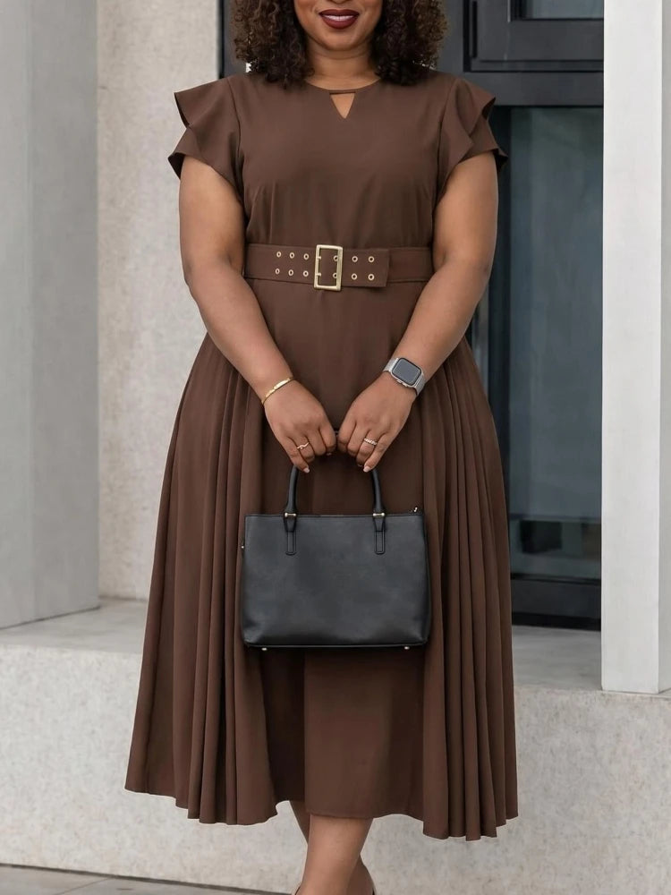 Robe Femme Grande Taille Col V Manches Courtes Ceinture A-line Mi-Mollet Bureau – CLEVI Paris