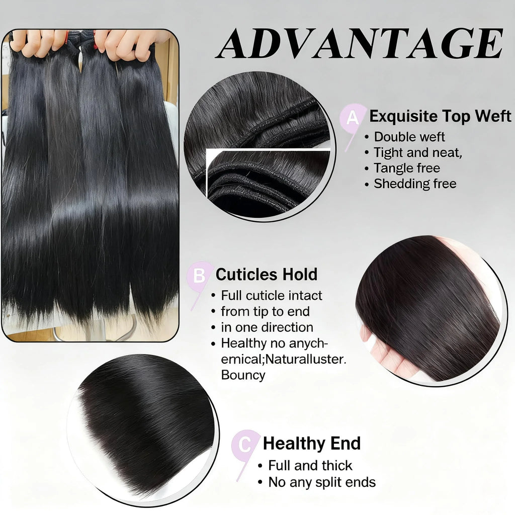 Extensions Bone Straight Cheveux Péruviens Vierges 15A – Bundles 1/2/3/4 Pcs – CLEVI Paris