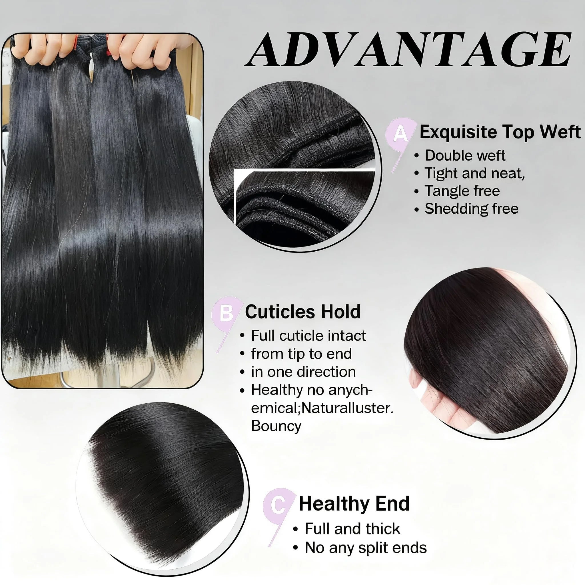 Extensions Bone Straight Cheveux Péruviens Vierges 15A – Bundles 1/2/3/4 Pcs – CLEVI Paris