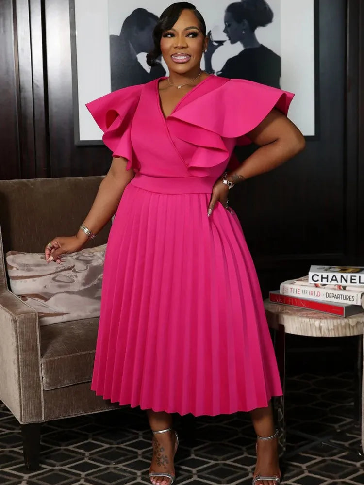 Robe Femme Grande Taille Col V Manches Papillon Drapée A-line Élégante Bureau – CLEVI Paris