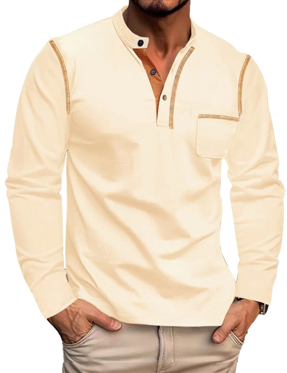Chemise Homme Manches Longues Col Henley Poche Casual – CLEVI Paris