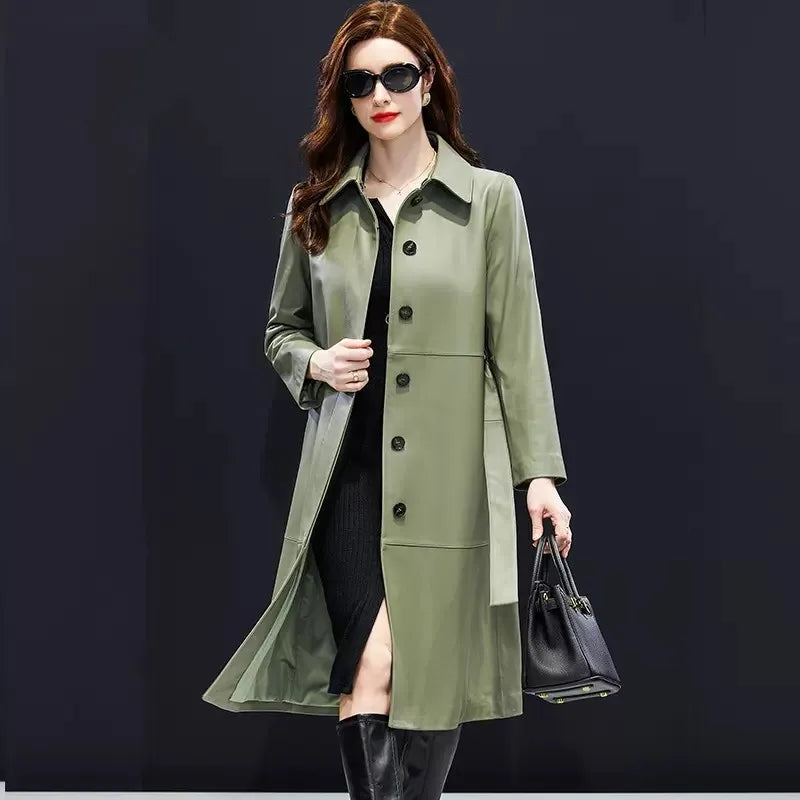 Manteau long femme cuir de mouton ceinturé – CLEVI Paris