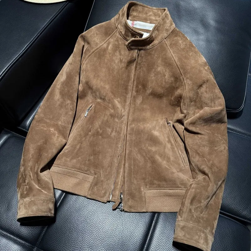 Veste homme en cuir et daim à col montant – CLEVI Paris