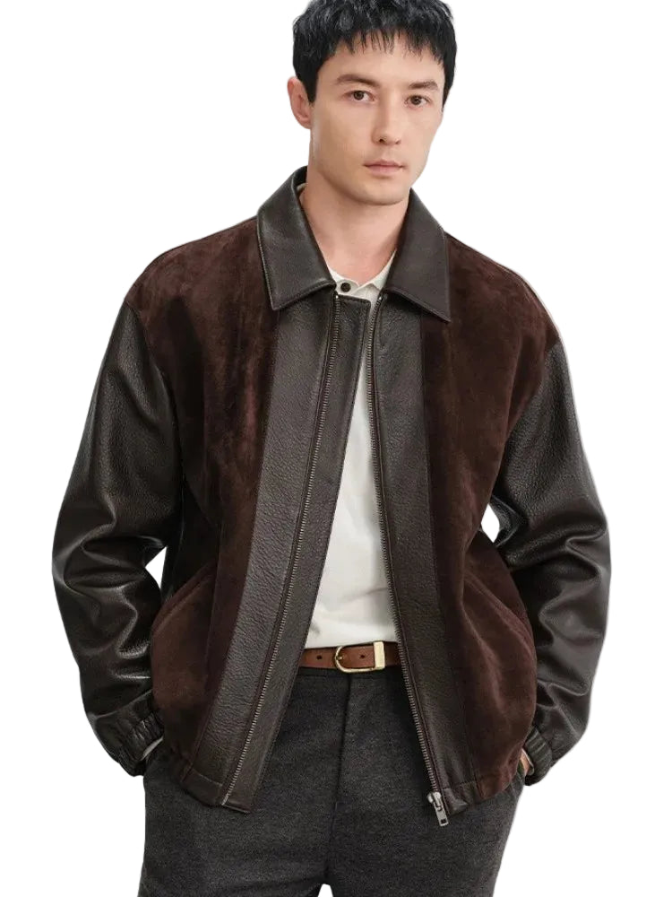 Veste homme en cuir à empiècements contrastants – CLEVI Paris