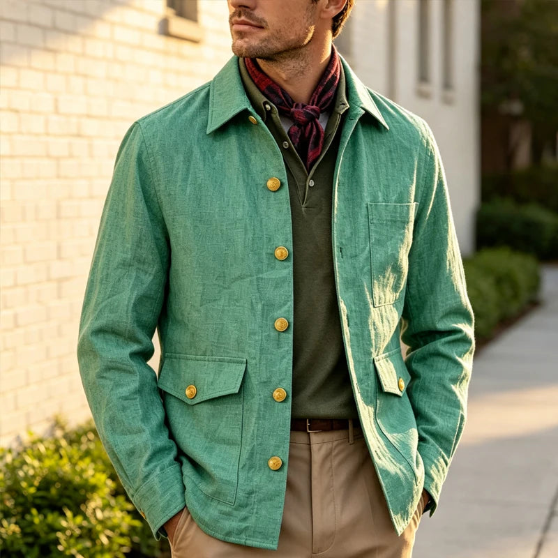 Veste homme en lin mélangé à boutons dorés – CLEVI Paris