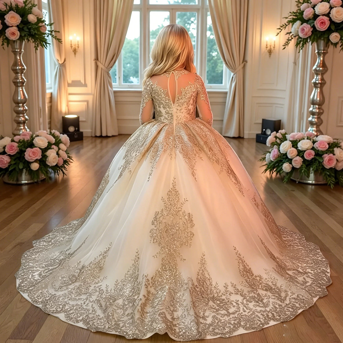 Robe fille à appliques et manches longues ZHJ – CLEVI Paris