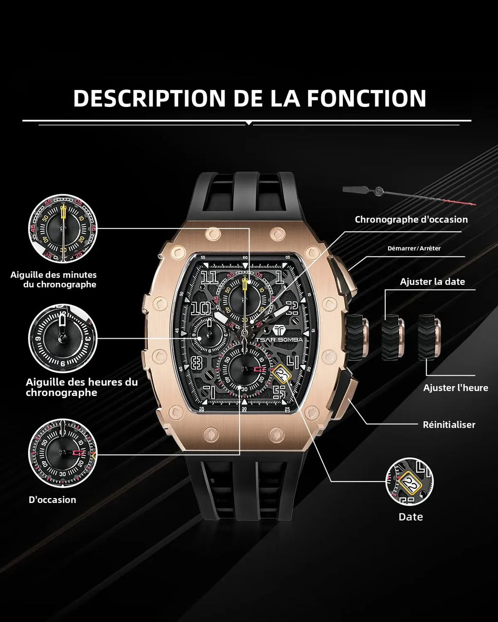 Montre Homme Quartz Chronographe Tonneau Tsar Bomba TB8204Q – CLEVI Paris