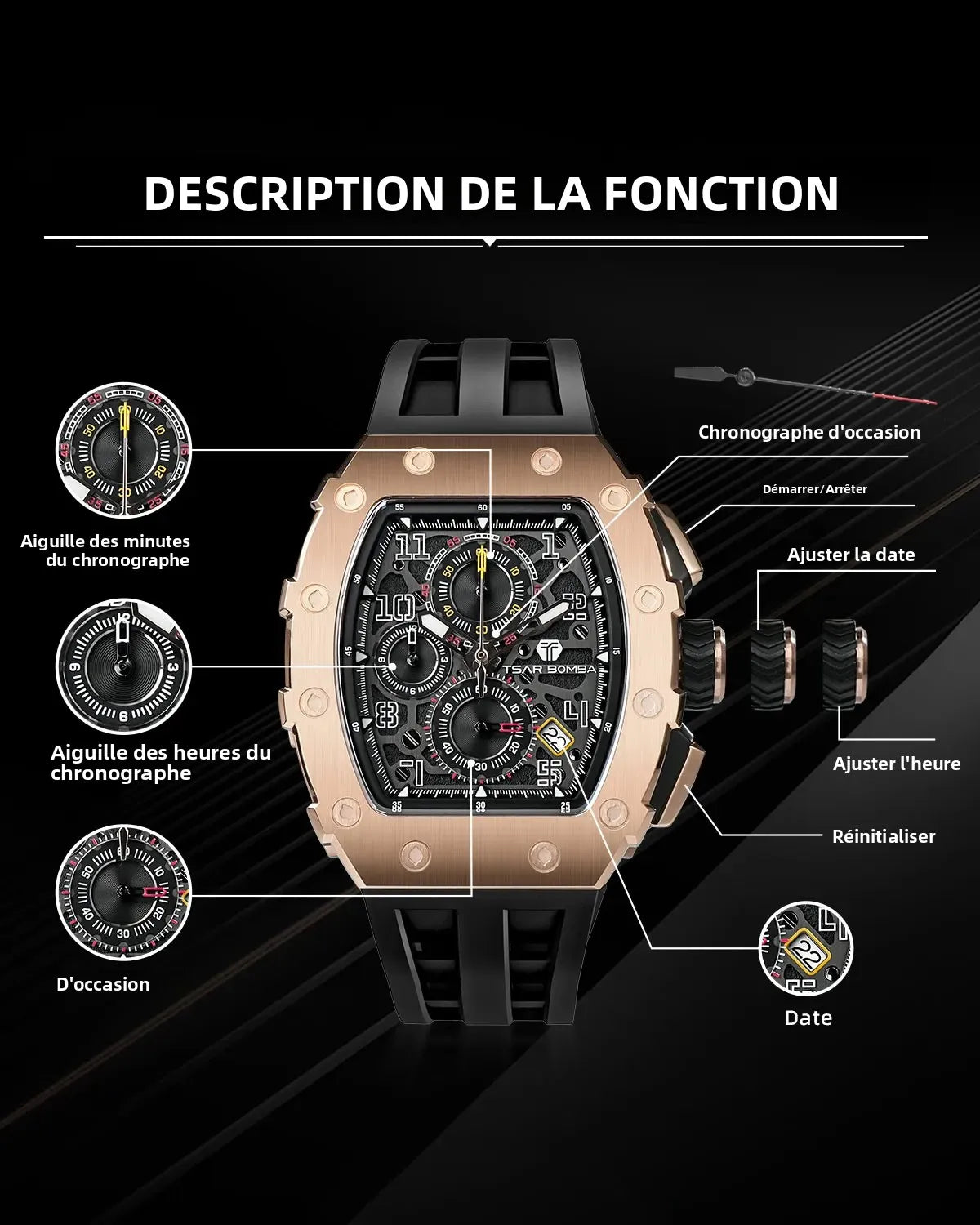 Montre Homme Quartz Chronographe Tonneau Tsar Bomba TB8204Q – CLEVI Paris