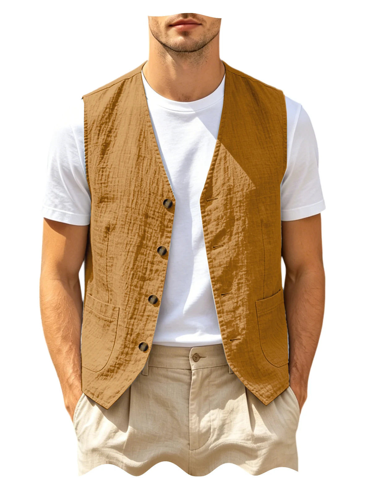 Gilet homme en lin col V – CLEVI Paris