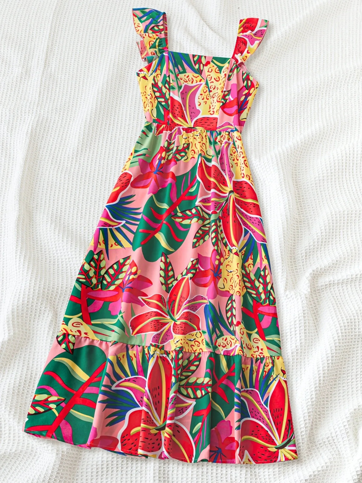 Robe fille tropicale à bretelles volantées – CLEVI Paris