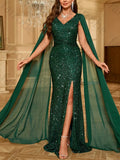 Robe de soirée longue col V en satin – CLEVI Paris