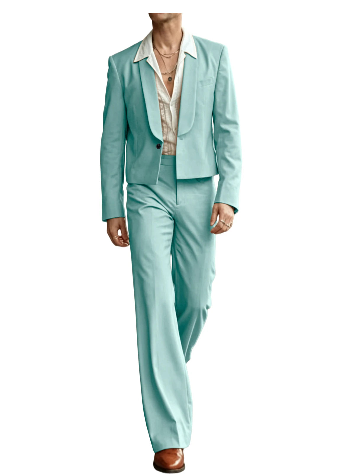 Costume 2 Pièces Homme Blazer Court Col Châle + Pantalon Évasé Taille Haute Style Vintage Slim Fit – CLEVI Paris