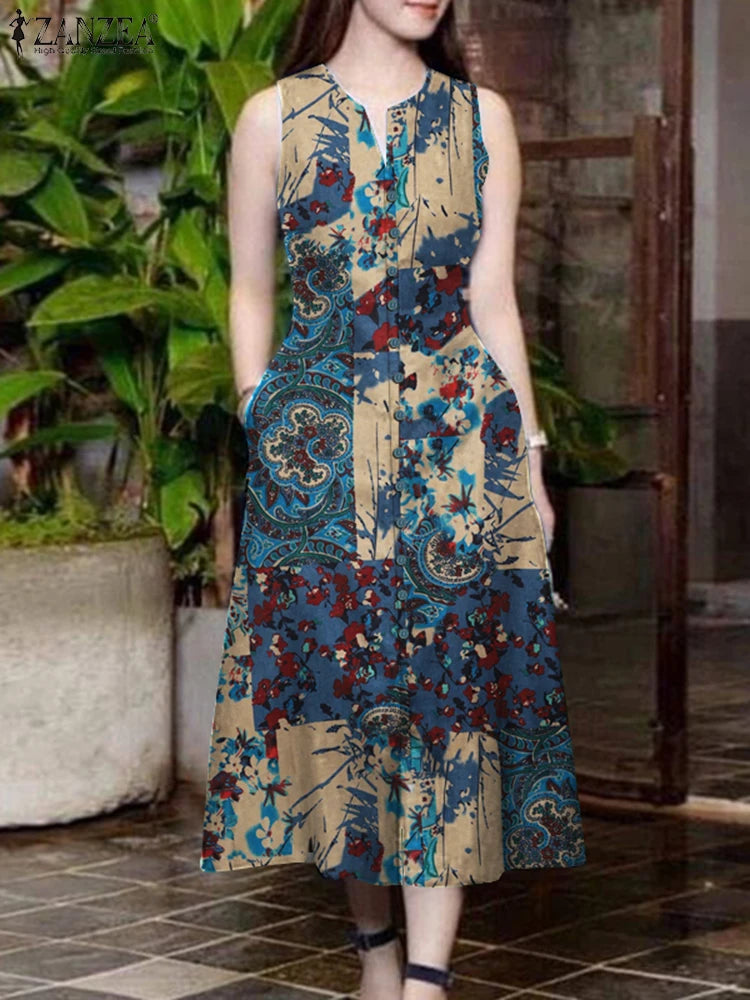 Robe Femme Sans Manches Col V Imprimé Coton Fente Poches Vintage Mi-Mollet – CLEVI Paris