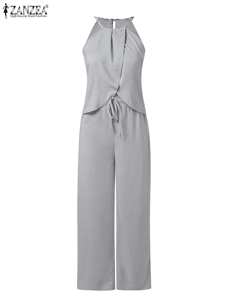 Ensemble 2 Pièces Femme Top Halter Sans Manches Lacé Tissu Froissé + Pantalon Droit Taille Mi-Haute Élastique Streetwear Casual 6 Coloris – CLEVI Paris