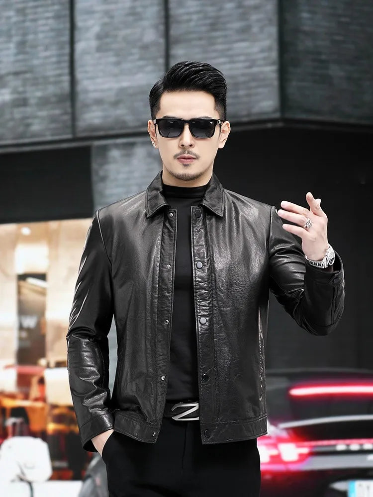 Veste homme en cuir noir boutonnée – CLEVI Paris
