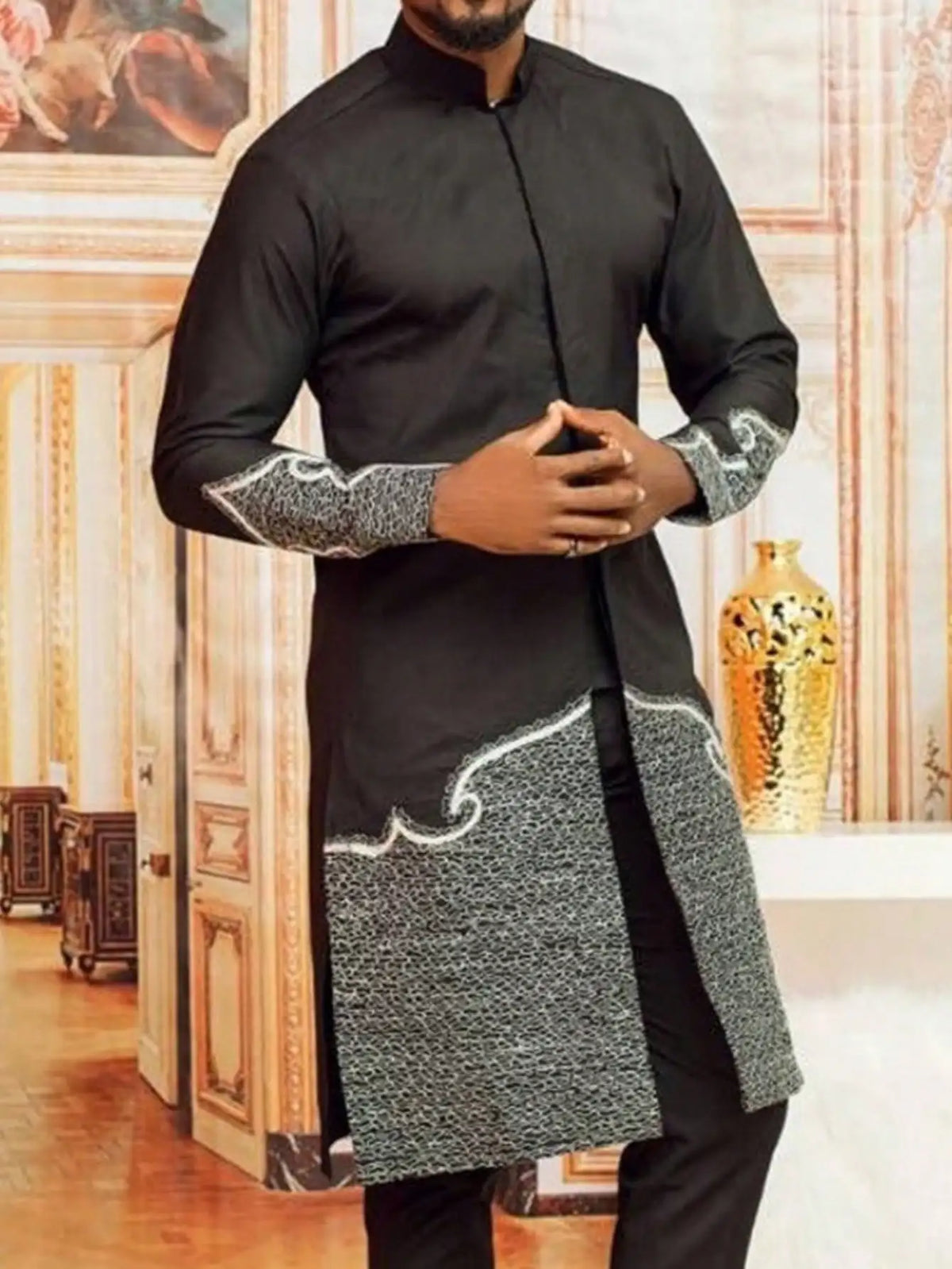 Ensemble Kaftan Homme 2 Pièces Broderie Manches Longues Col Rond + Pantalon Cordon Style Africain Mariage M-4XL – CLEVI Paris