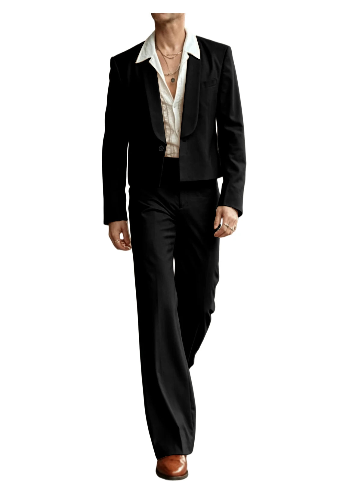 Costume 2 Pièces Homme Blazer Court Col Châle + Pantalon Évasé Taille Haute Style Vintage Slim Fit – CLEVI Paris