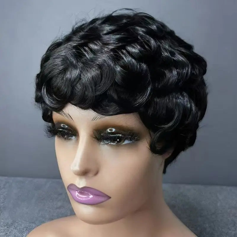 Perruque Pixie Cut Curly Cheveux Humains Brésiliens Sans Lace Bonnet Rose 150% 6 Teintes – CLEVI Paris