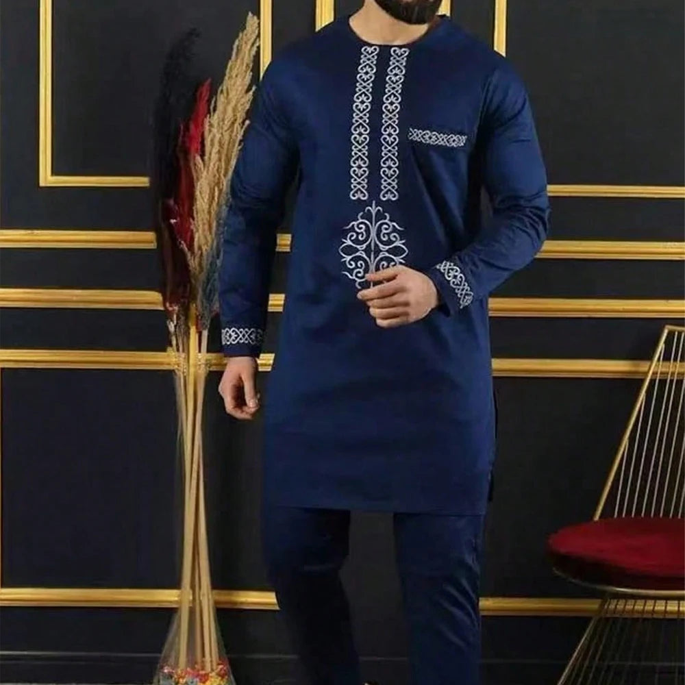 Kaftan Dashiki Homme 2 Pièces Brodé Manches Longues Col Rond + Pantalon Élastique Style Africain Mariage Fête M-4XL – CLEVI Paris