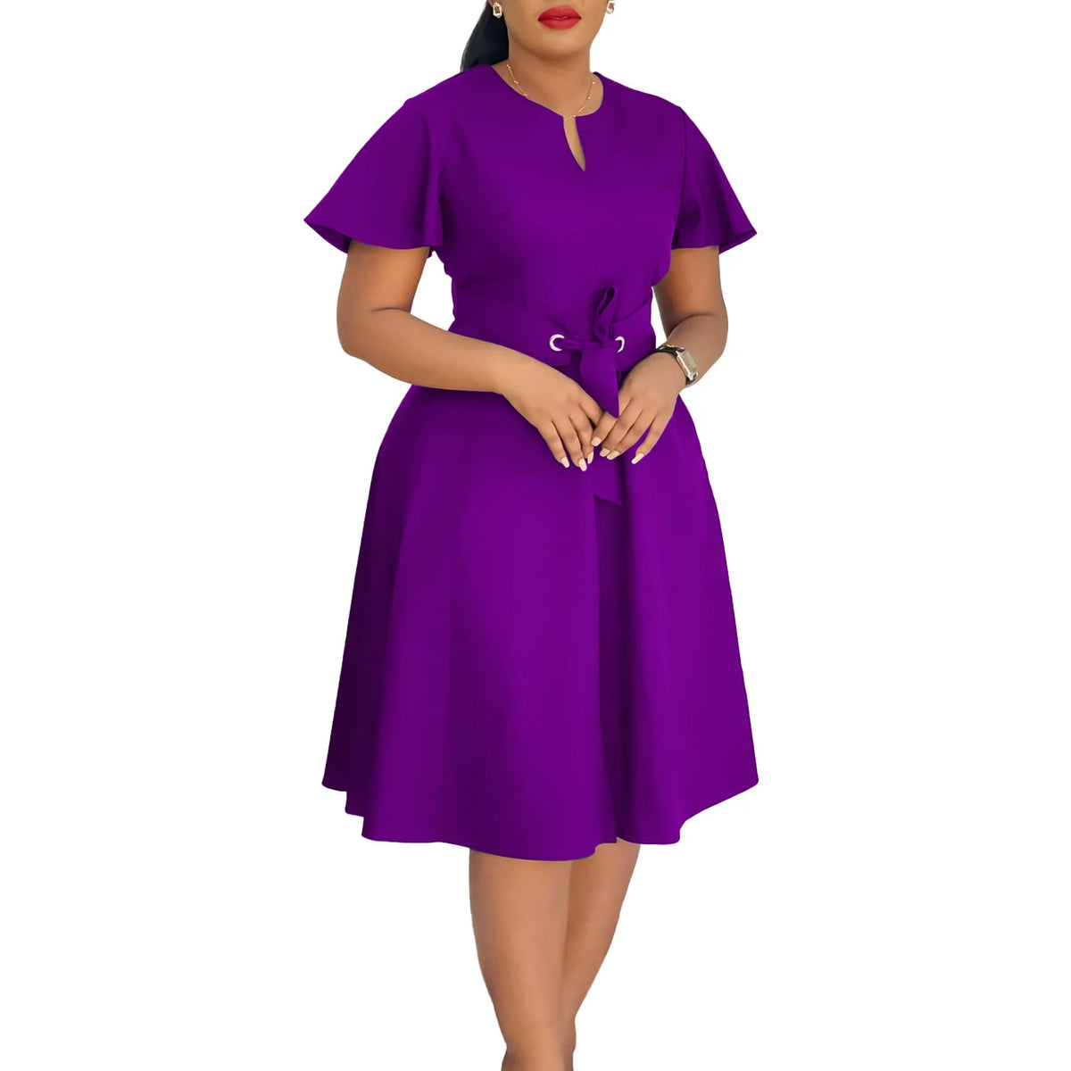 Robe Femme Grande Taille Col V Manches Courtes Mi-Mollet Élégante – CLEVI Paris