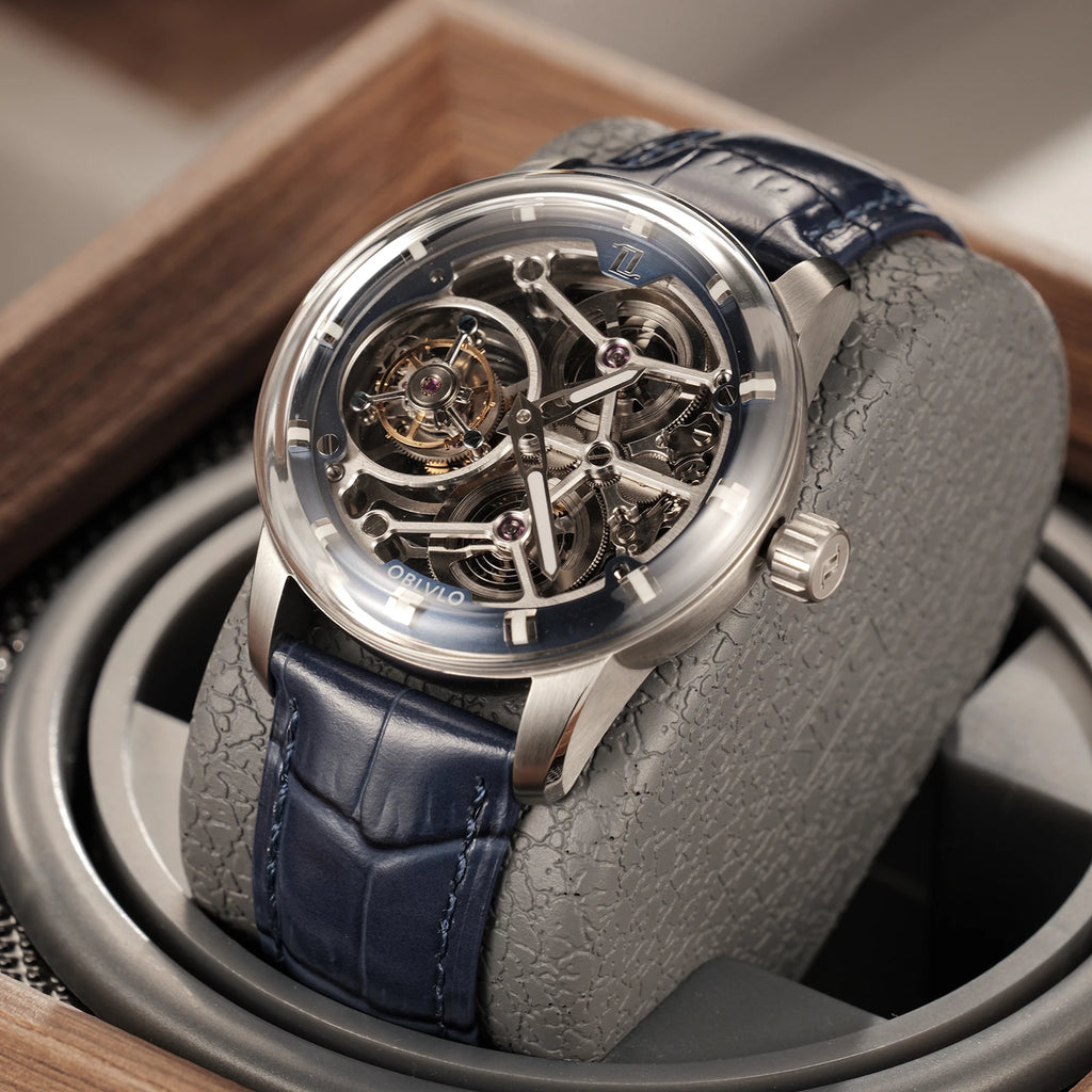 Montre Homme Manuel Tourbillon Squelette Grand Cadran Cuir Lumineux Oblvlo OBL-VM-D-TB – CLEVI Paris