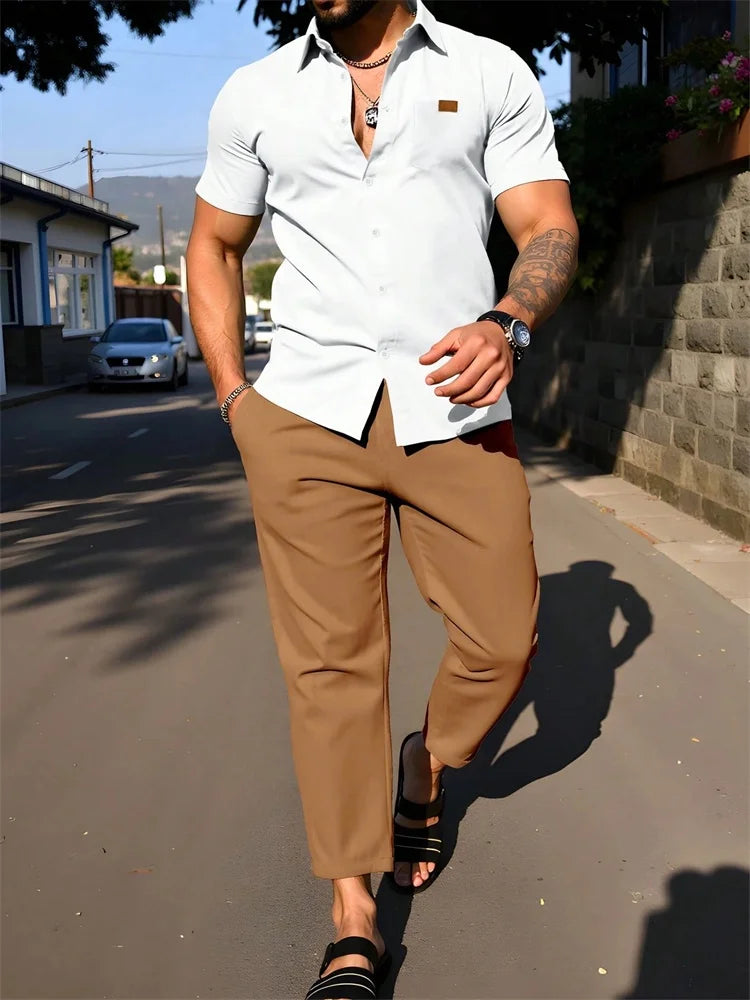 Ensemble 2 Pièces Homme Chemise Imprimée 3D Col Cranté + Pantalon Casual Voyage – 26 Motifs, S à 2XL – CLEVI Paris