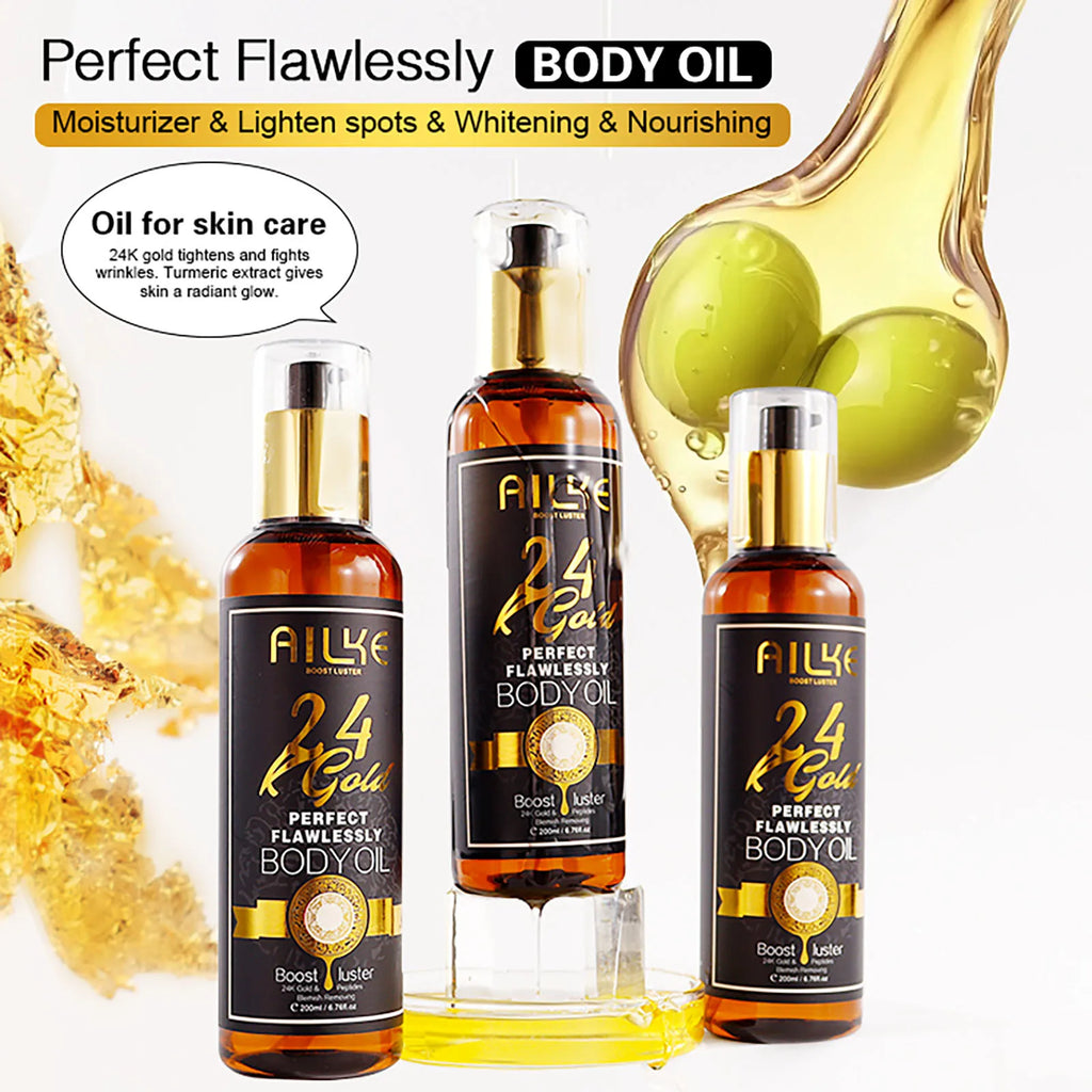 Gamme Soins AILKE 24K Gold Perfect Flawlessly – Crème, Savon & Huile Corps – Éclaircissant Anti-Taches – CLEVI Paris