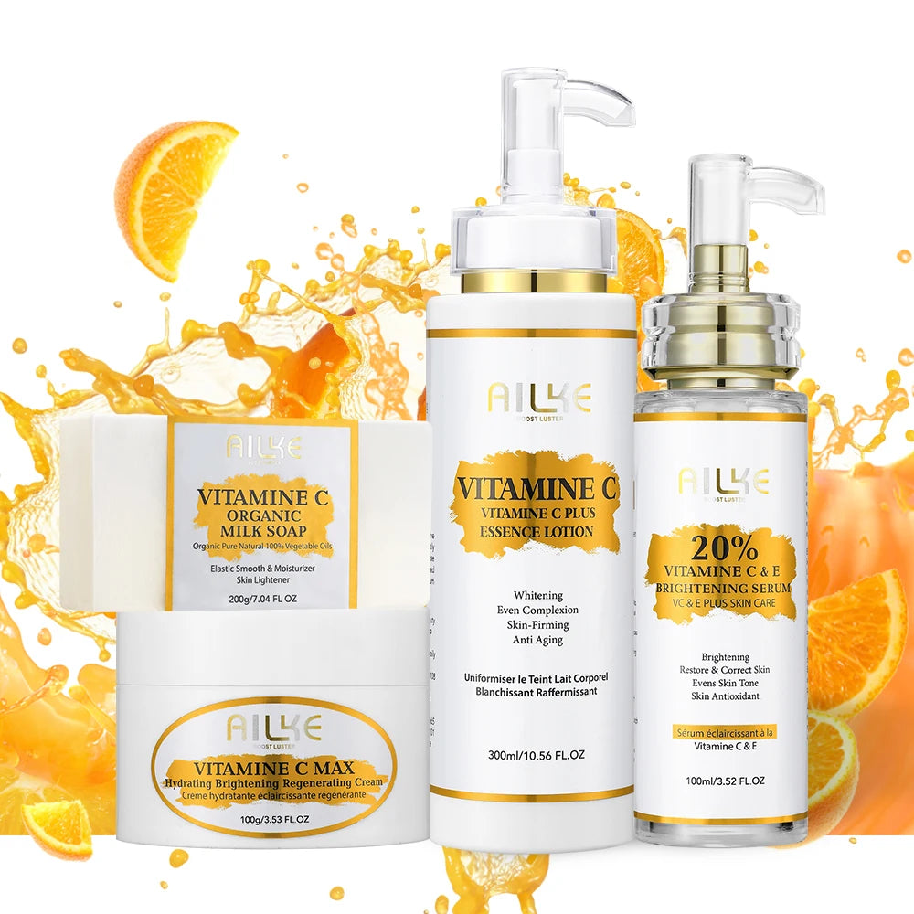 Gamme Soins Corps & Visage AILKE Vitamine C+E – Éclaircissant, Anti-Taches & Raffermissant – CLEVI Paris