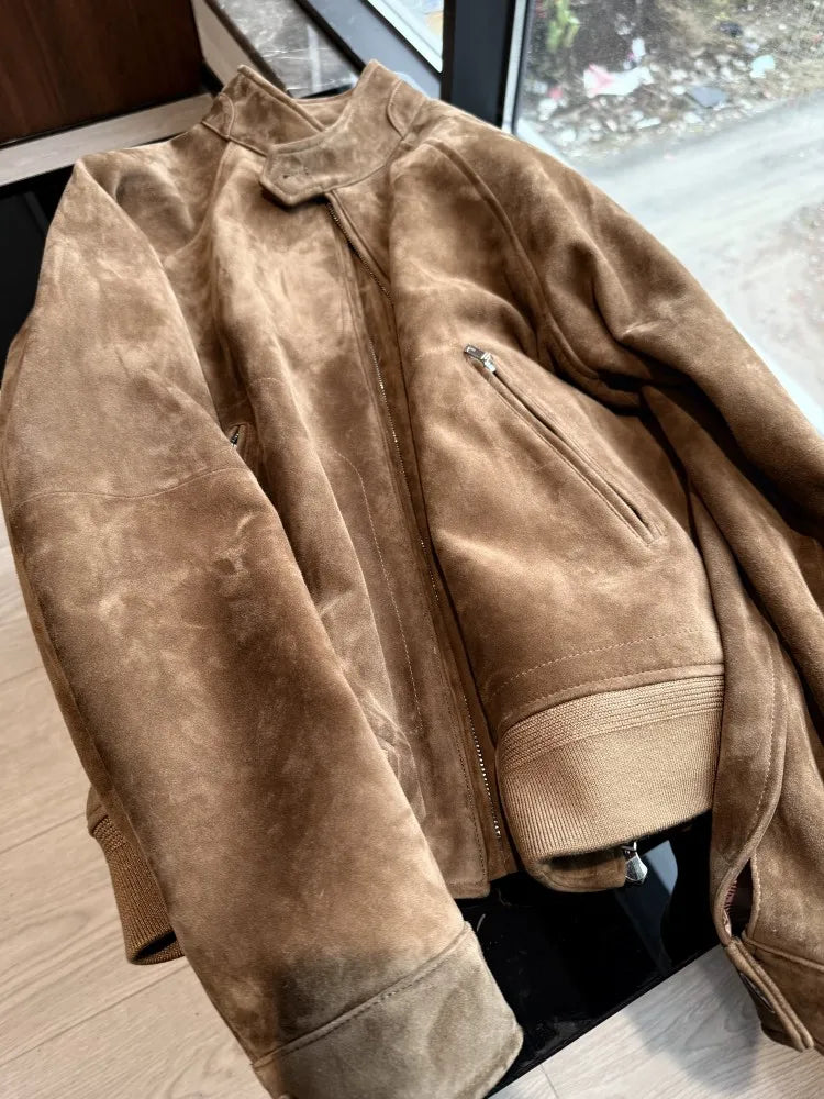 Veste homme en cuir et daim à col montant – CLEVI Paris