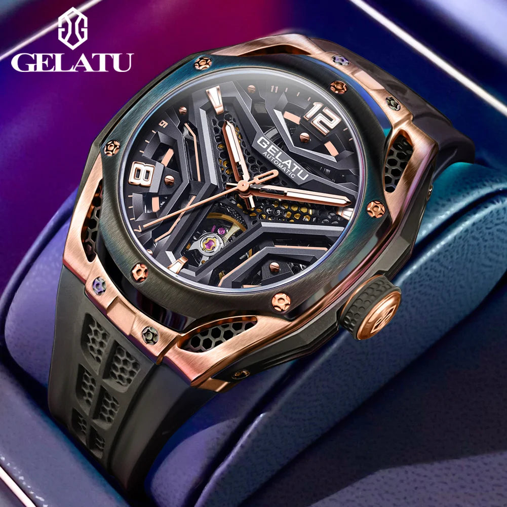 GELATU Montre Automatique Homme Squelette Tonneau Saphir Silicone Étanche 5ATM – CLEVI Paris