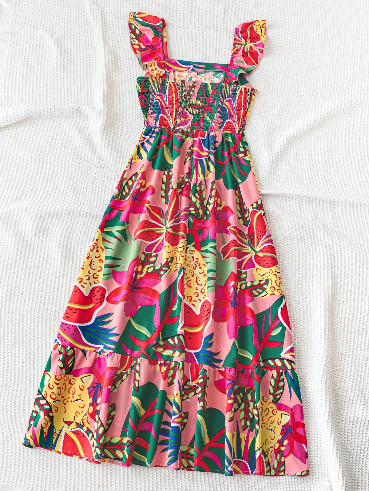 Robe fille tropicale à bretelles volantées – CLEVI Paris