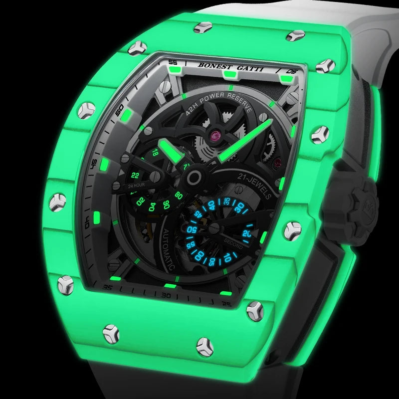 Montre Homme Automatique Squelette Tonneau Fibre de Carbone Lumineux Bonest Gatti BG9004 – CLEVI Paris