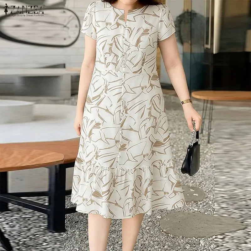 Robe Femme Col V Manches Courtes Imprimé Floral A-line Mi-Mollet Ourlet Volants Bohème – CLEVI Paris