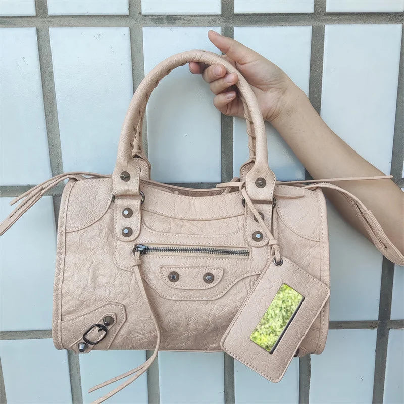 Sac À Main PU Froissé Rivets Femme Miroir & Pompon 4 Tailles – CLEVI Paris