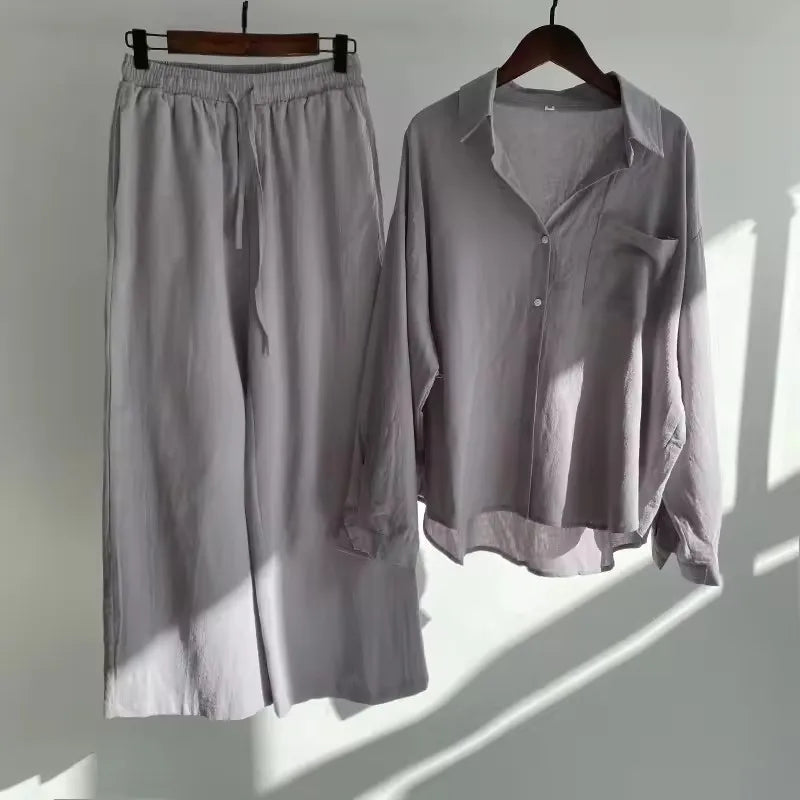 Ensemble 2 Pièces Femme Chemise Col Rabattu Manches Longues Coton Lin + Pantalon Large Taille Haute Cordon Casual 11 Coloris – CLEVI Paris