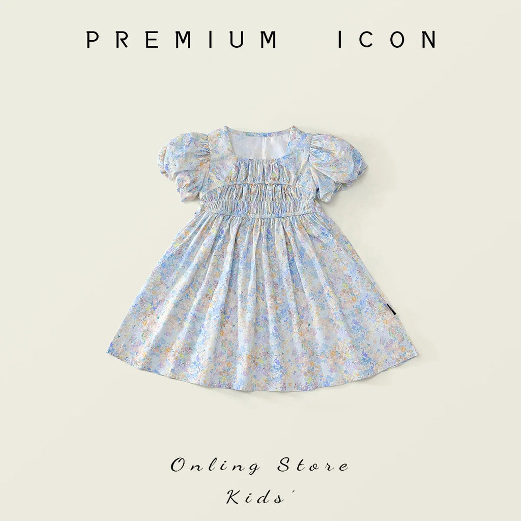 Robe fille bleue fleurie à manches courtes – CLEVI Paris