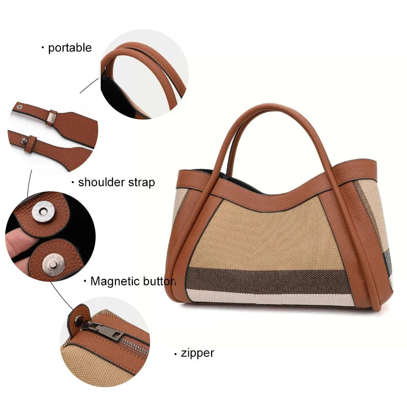 Tote Bag Toile & Cuir Femme Motif Carreaux Anses Larges – CLEVI Paris