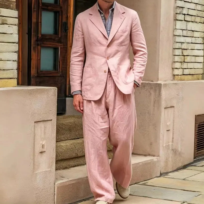 Costume Homme 2 Pièces Lin Coton Blazer Col Cranté + Pantalon Jambe Droite Smart Casual Mariage Été 7 Coloris – CLEVI Paris