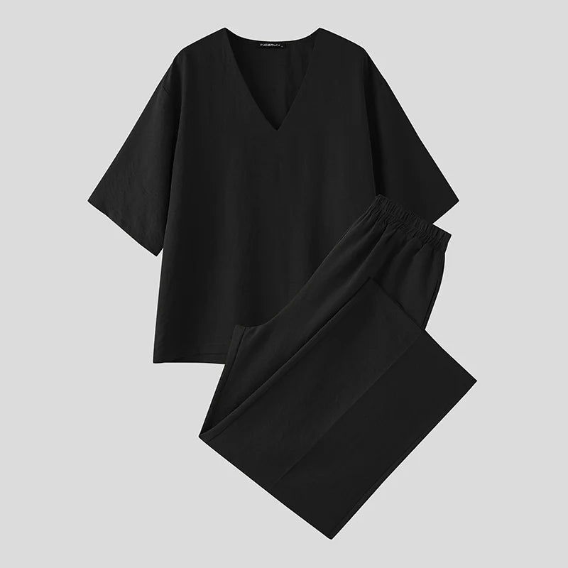 Ensemble 2 Pièces Homme T-shirt Col V Manches Courtes + Pantalon INCERUN Streetwear Oversize – 3 Coloris, S à 5XL – CLEVI Paris