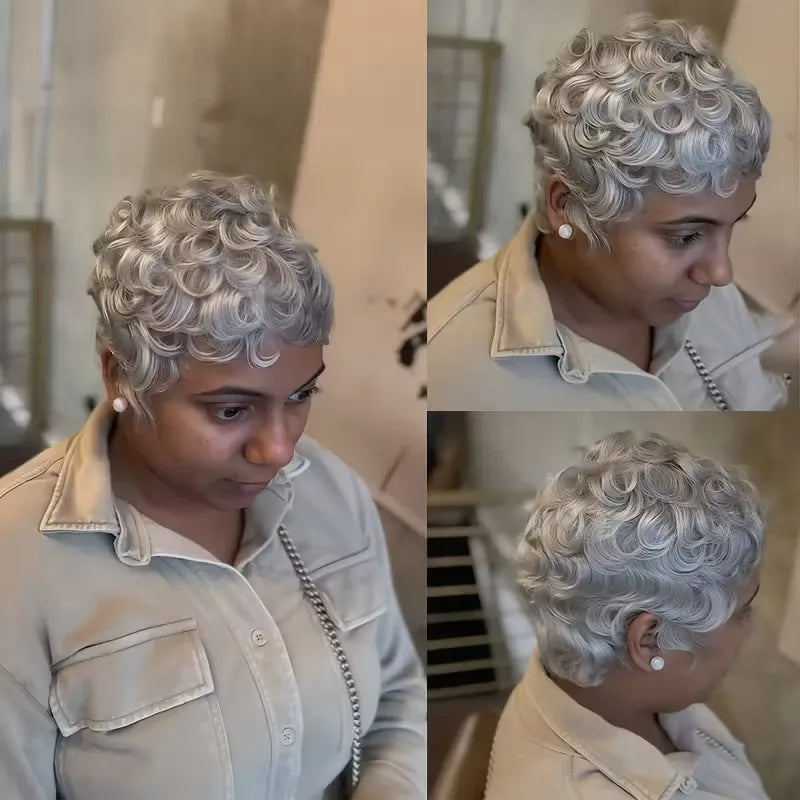 Perruque Pixie Cut Curly Cheveux Humains Brésiliens Sans Lace Bonnet Rose 150% 6 Teintes – CLEVI Paris