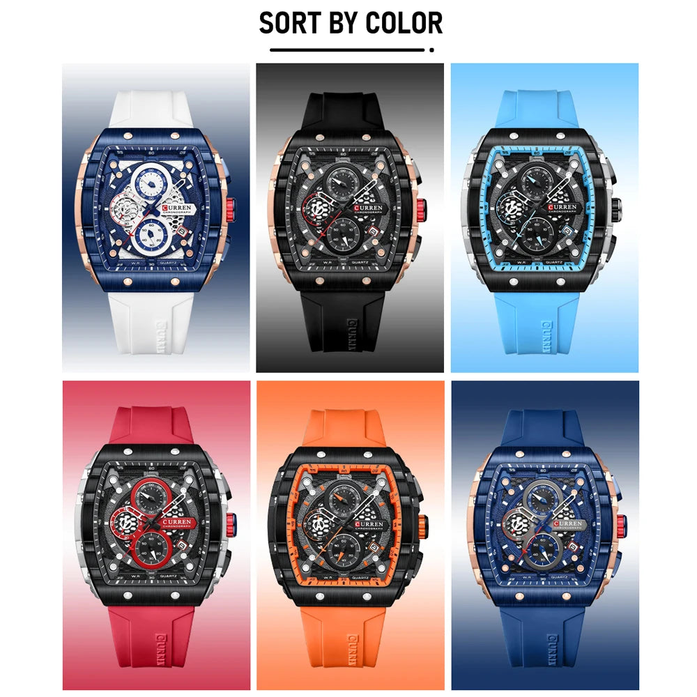 CURREN 8442 Montre Homme Quartz Carrée Chronographe Silicone Lumineux 30M – CLEVI Paris