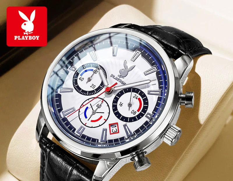 PLAYBOY 3305 Montre Homme Quartz Chronographe Calendrier Cuir 40mm 30M – CLEVI Paris