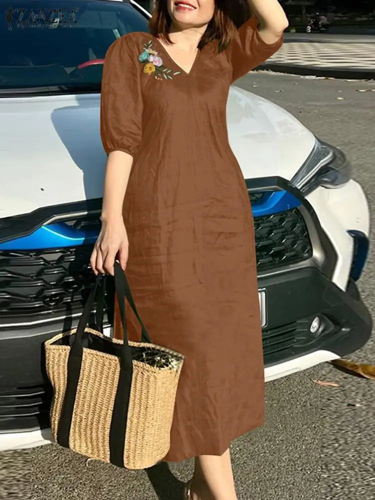 Robe Femme Col V Broderie Florale Manches Mi-Longues Mi-Mollet Bohème – CLEVI Paris