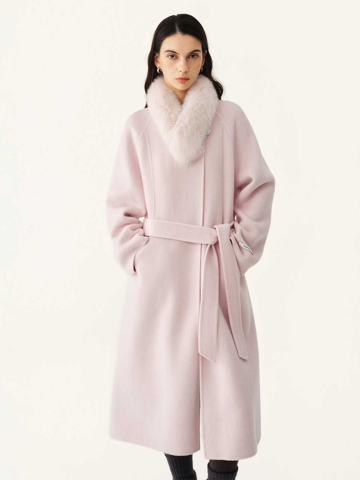 Manteau long laine et soie, col renard femme – CLEVI Paris