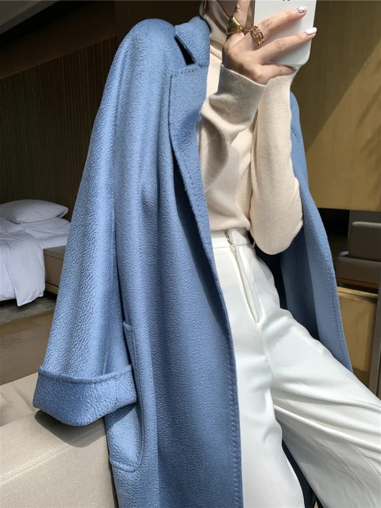 Manteau long femme en laine à ceinture – CLEVI Paris