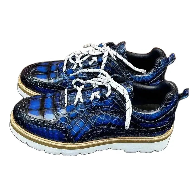 Sneakers Cuir Crocodile Homme Bout Rond Lacets Bleu – CLEVI Paris